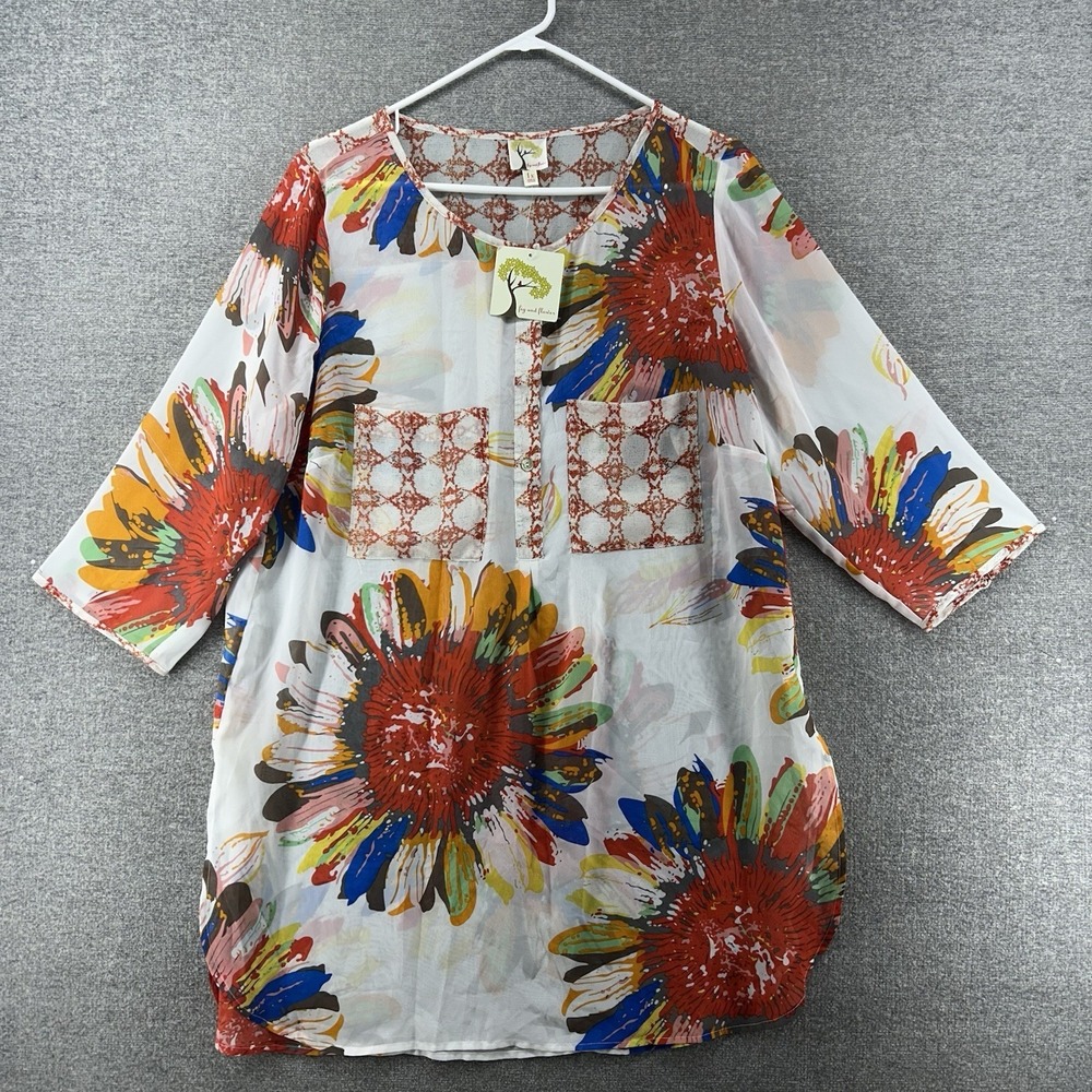 Fig and Flower Sheer Floral Blouse Women Sz 1X White Casual Pockets Bohemian NEW